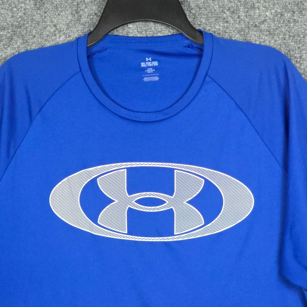 Under Armour Mens XL T-Shirt Blue Loose Fit Short Sleeve Graphic Logo Raglan